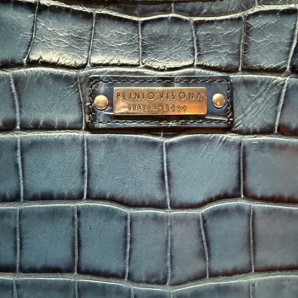 Plinio Visona Italy Blue Leather Satchel Croc Embossed Handbag - Picture 3 of 10